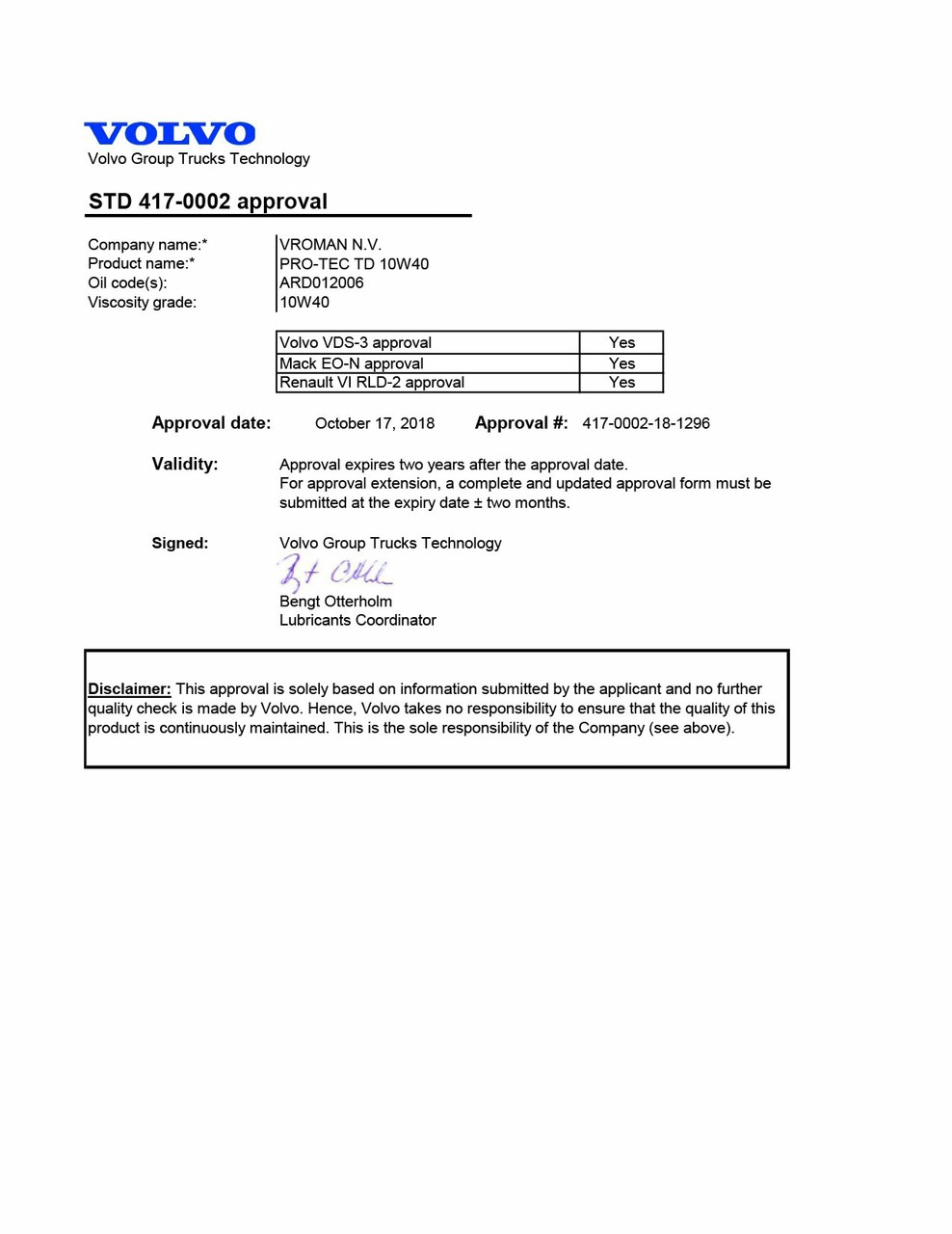 Các chứng chỉ Approval OEM của Ardeca. 